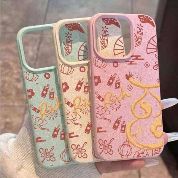 Doodle Chinese New Year Gourd Compatible for IPhone 13 11 14 12 Pro 15 16 Plus XR XS X Max Leather Texture Case