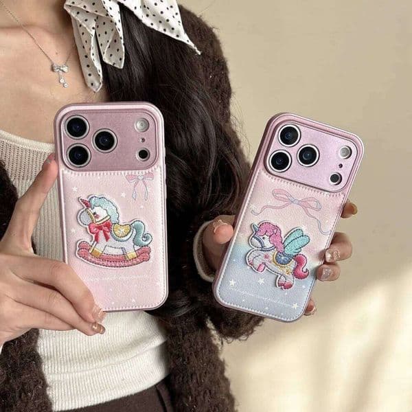 Leather pink star bow embroidered rainbow pony mobile phone case, suitable for iPhone14/15/16/17 Pro Max, new protective case
