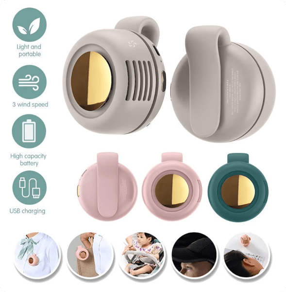 Portable Silent Fan Mini USB Rechargeable Bladeless Electric Clip-on Fan Adjustable 3-Speed Waist Fan Rotating Body Fan