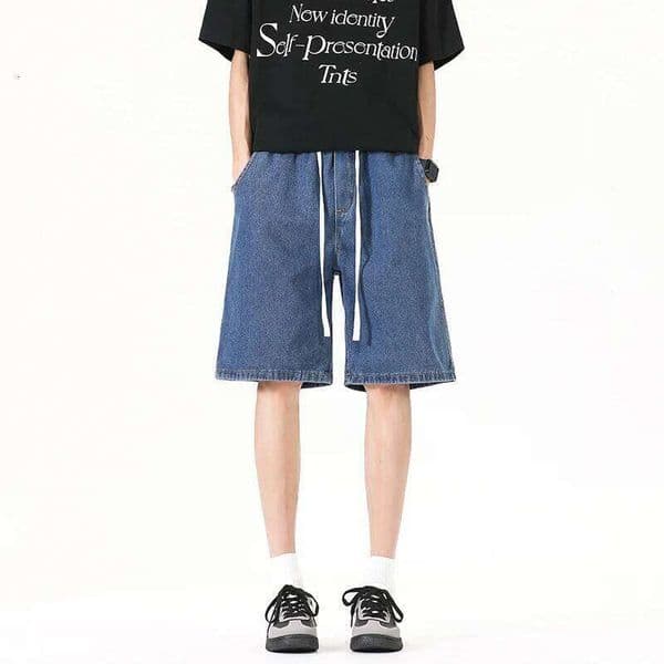 Deep Blue Summer Men's Thin Non-Elastic Elastic Waist Drawstring Jeans Mid-Length Pants