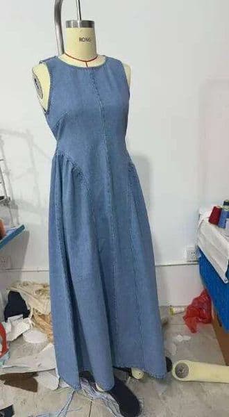 Chic Lace Up Slim Denim Long Dress Women Elegant Round Neck Sleeveless Hollow Out Maxi Vestidos 2026 Lady Holiday Casual Wear
