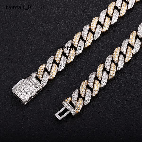 Two 2 Tone Yellow and White 10mm VVS Moissanite 925 Silver 2 Row Cuban Link Chain Necklace GRA Certificate Hip Hop Jewelry
