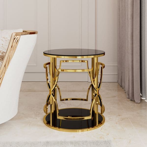 Contemporary Designer Accent Table Modern Gold Round Side Table With Tempered Glass Top Storage Shelf Luxury Glam End Table With Metal Frame Sofa Side Small Space