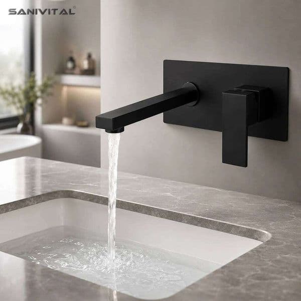SANIVITAL Matte Black Wall-Mounted Bathroom Sink Faucet Concealed Single Lever Hot Cold Mixer Tap
