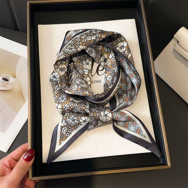 Designer Vintage Floral Printed Satin Silk Scarf Premium Dark Edge Elegant Women Neck Accessory Daily Stylish Small Neck Scarves