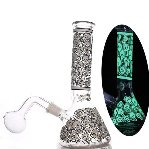 Colorful MINI Grow in Dark Luminous colorful Skull Glass Oil Burner Bong Dry Herb Tobacco Pipe Blunt Bubbler Water Tobacco Pipe with downstem Smoking banger bowl