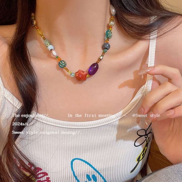 Designer Jewelry Luxury Jewelry Dopamine-Colored Glass Beaded Necklace Women, Ins-Style, Sweet And Versatile, Elegant Choker With A High-End Feel, Tren