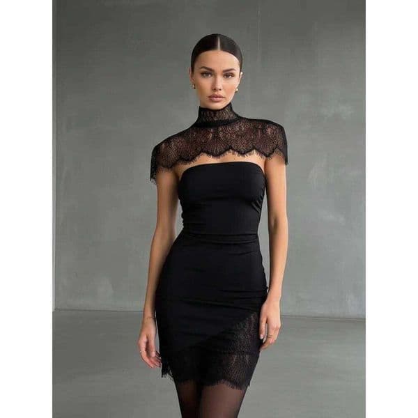 Chic Black Lace Patchwork Strapless Dress Women Sexy Cape Waist Cinching Slim Short Dresses 2026 Lady Evening Party Vestidos New