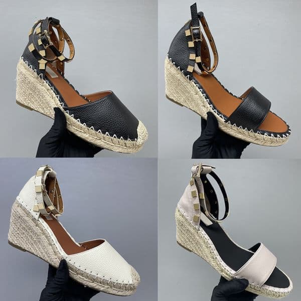 designer wedges heels sandals espadrilles shoes leather heel wedding dress shoes women black 10.5 cm heel adjustable buckle no box 873