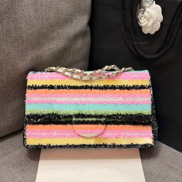 Mirror Quality Rainbow Sequin Flap Bag Lambskin Leather Chain Shoulder Crossbody Handbag Women Luxury Sparkly Designer Purse 25cm CH2028
