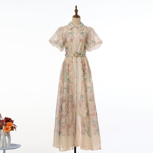 Z brand women's printed short sleeved waist tied long skirt 2026 summer new designer dress