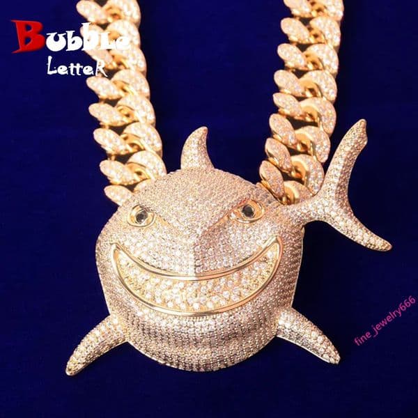 Hip-Hop Big Shark Animal Pendant Necklace Unisex 925 Sterling Silver Inlaid Moissanite Hip-Hop Rock Jewelry