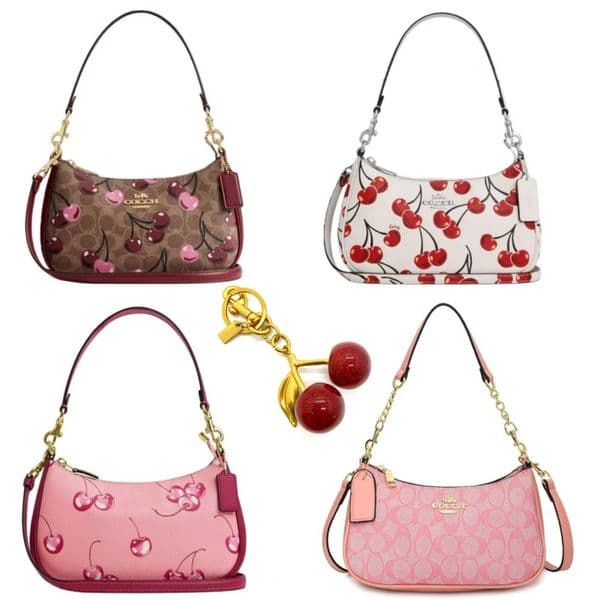 New Cherry Printed Zip Closure Coated Canvas Handbag Medium Women's Shoulder Bag Wallet Cherry Keychain free shipping
