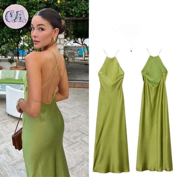 European and American style sexy summer women's new spaghetti strap silk satin texture dress party gown