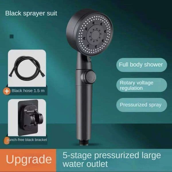 High Pressure Head Set with Hose 5 Adjustment Modes Shower Water Saving One Touch Stop Bathroom Accessories
