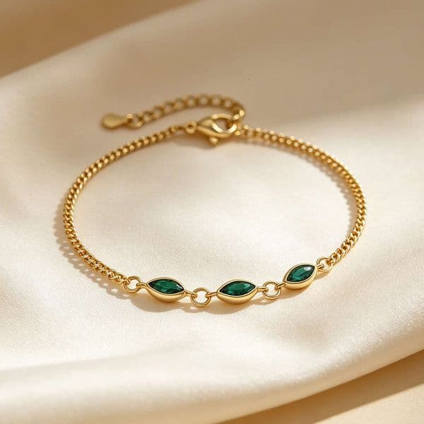 New emerald bracelet, copper plated 14K gold, unique design with marquise stone, Cuban chain women's jewelry