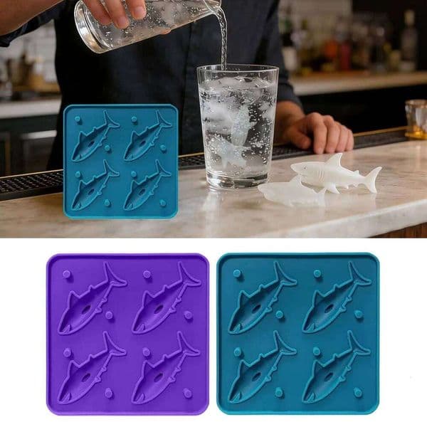 4 Cavity Shark Shape Reusable Ice Molds Maker for Home Kitchen Party Family Gathering Celebration Restaurant Picnic Camping