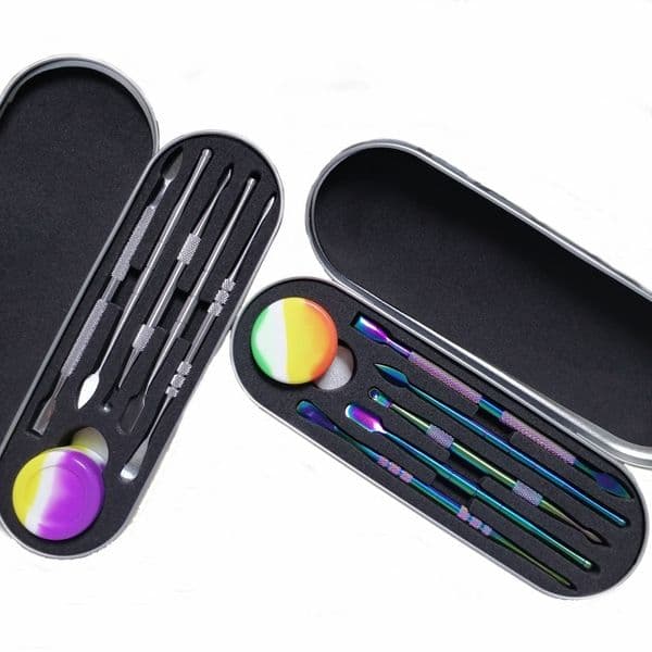 Stainless Steel Dabber Tool Kit 5Pcs Double End Wax Pick Spoon With Silicone Jar & Metal Case Concentrate & Tobacco Pipe Tools