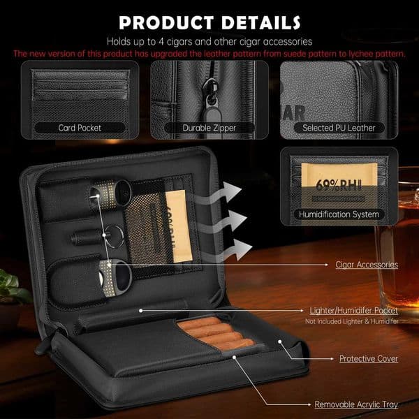 Portable Cigar Humidor Case with V CutterStraight Cigar Punch Humidifier Packs for Travel J260604