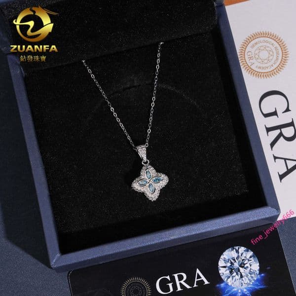 Zuanfa Hip-Hop S925 Silver Moissanite Four-Leaf Clover Pendant Unisex Necklace Personalized and Luxurious