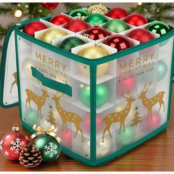 Storage Box 64-Grid Seasonal Decorative Ball Organizer Christmas Ornament Keeper with Dividers for Home