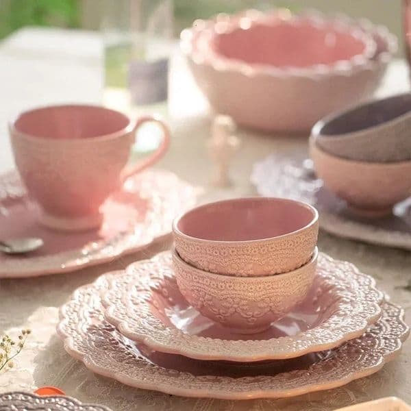 Lace Pink Ceramic Dessert Vegetable Tableware Salad Nordic Style Relief Retro Dinner Plates Pasta Steak Dish Set