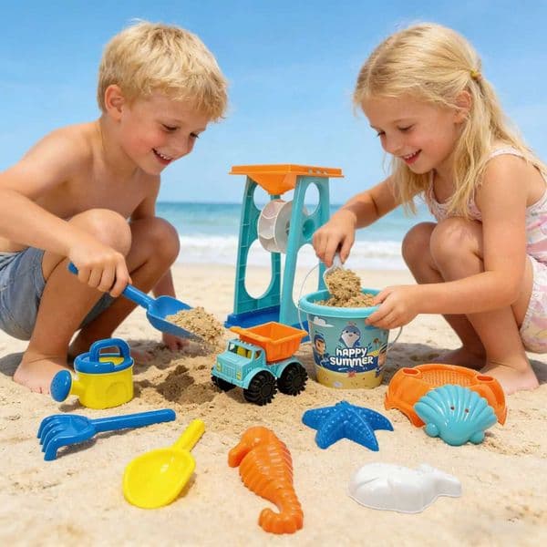 Set Party Fun Sand Toy Set With Foldable Bucket Sand Moulds Shovel And Mesh Bag Beach Toy For Children Boys GirlsT260604