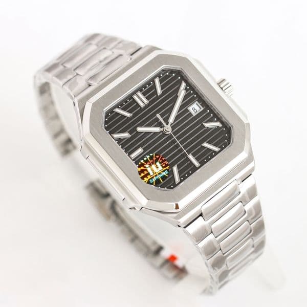 Men's Square Automatic Mechanical Watch, Stainless Steel Case, White Dial with Date Display