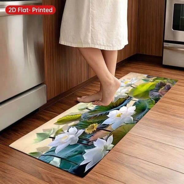2D Flat Print Lotus Water Lily Quick-Dry Non-Slip Bath Carpet Spa Bathroom Decor Entrance Floor Mat