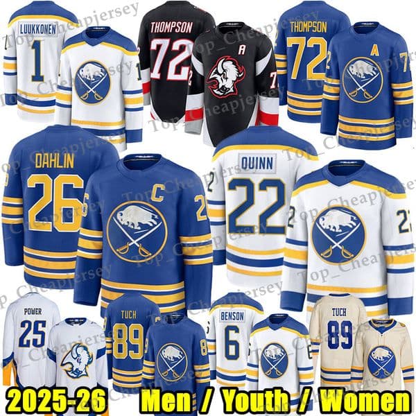 72 Tage Thompson sabres hockey jersey 26 Rasmus Dahlin Ukko-Pekka Luukkonen Jack Quinn Power Ryan McLeod Georgiev Bowen Byram Alex Tuch Devon Levi Zach Benson jerseys