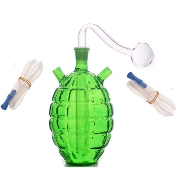 Travel Mini Green Grenade Design Glass Oil burner Bong Perc Thick Heady Water Smoking Bubbler Shisha water Pipe Hookah with smoking banger bowl and silicone Hose