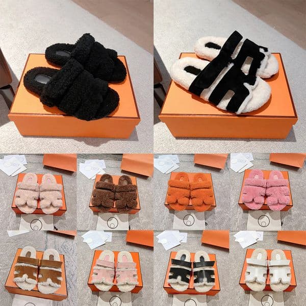 Designer Shoes Sandals Fashion Ladies Teddy Fleece Two Band Slippers Soft Sole Warm Furry Slides Autumn Winter Home Outdoor Comfort Plush Open Toe Footwear