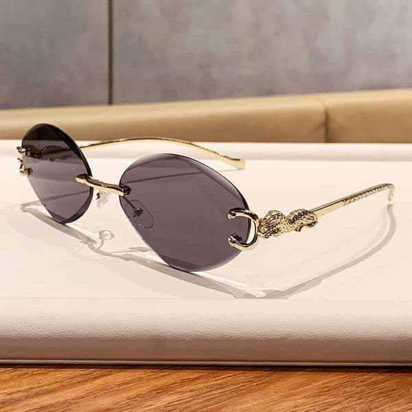 Luxury Brand Designer Sunglasses Leopard Head Frameless Oval Personality European And American Internet Celebrity Women's Sun Protection