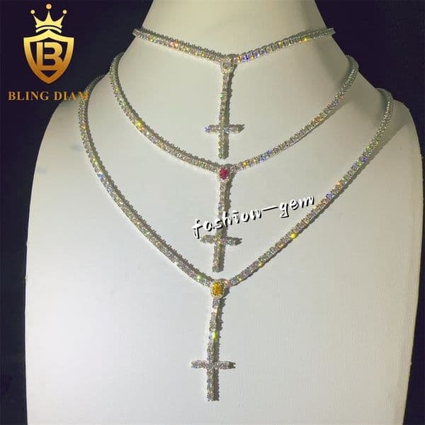 Hip Hop Jewelry 4MM GRA Certificated Sterling Silver 925 Pass Diamond Tester VVS Moissanite Cross Pendant Tennis Chain Necklace
