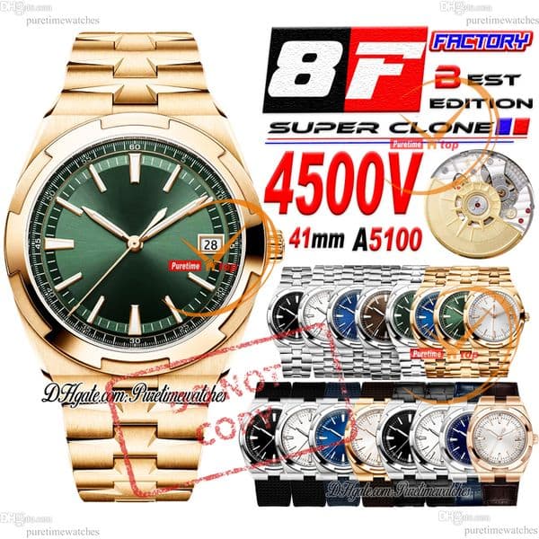 Overseas 4500V A5100 Automatic Mens Watch 8F 41mm Rose Gold Green Dial Stainless Steel Bracelet Rubber Leather Strap Puretimewatches CHS Reloj Hombre Max Version