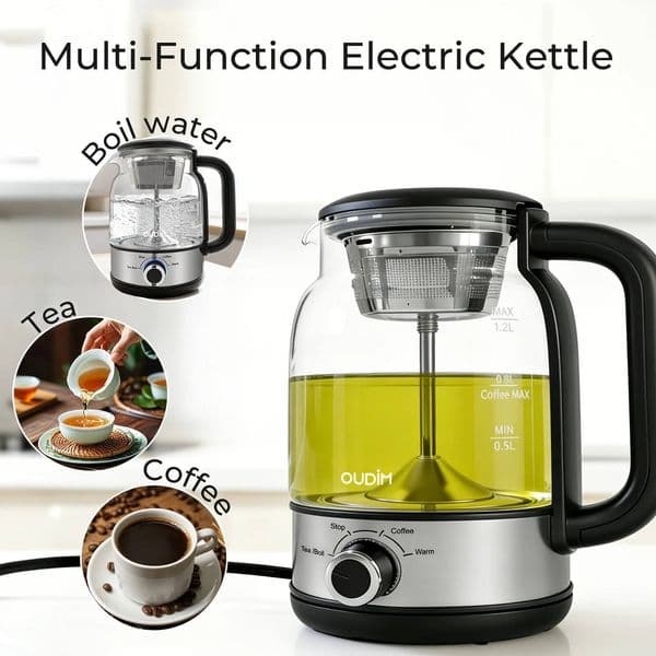 40.58oz Electric Coffee Maker&Tea Infuser-600W, BPA-Free Glass Stainless Steel Kettle, Heat Resistant Borosilicate, 304 Stainles