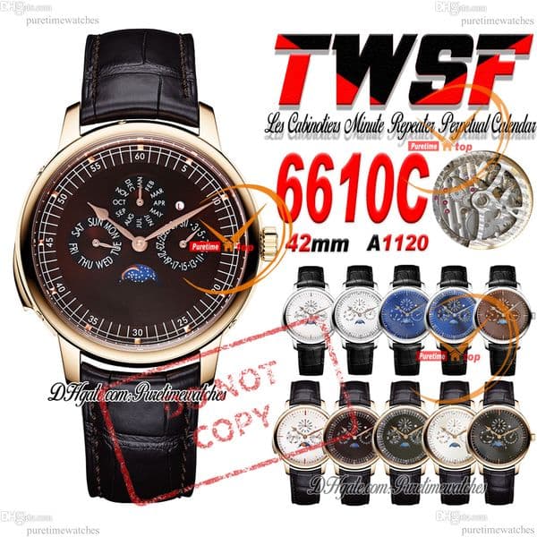 Perpetual Calendar Ultra-Thin 43175 A1120 Automatic Mens Watch Moon Phase TWSF 41mm Rose Gold Brown Stick Dial Leather Strap Puretimewatches CHS Reloj Hombre