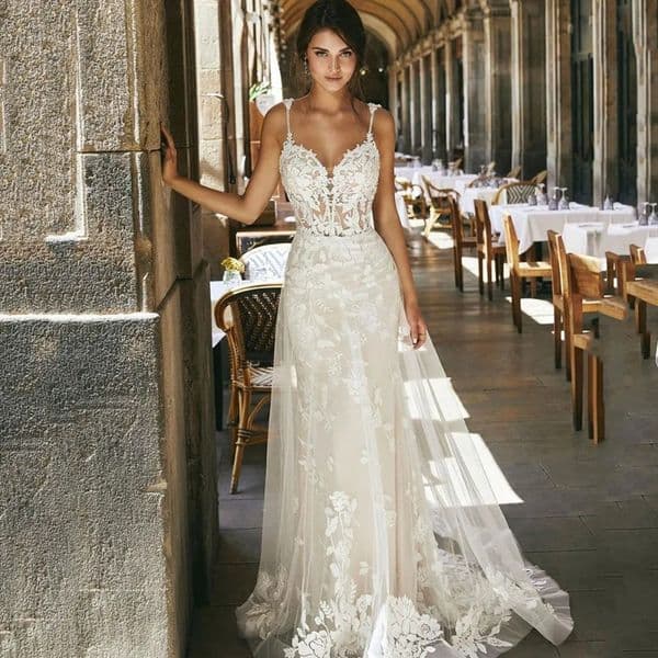 Wedding Dresses Detachable Train Lace Embroidery Flower Bridal Gowns Spaghetti Strap Backless Vestidos De Novia