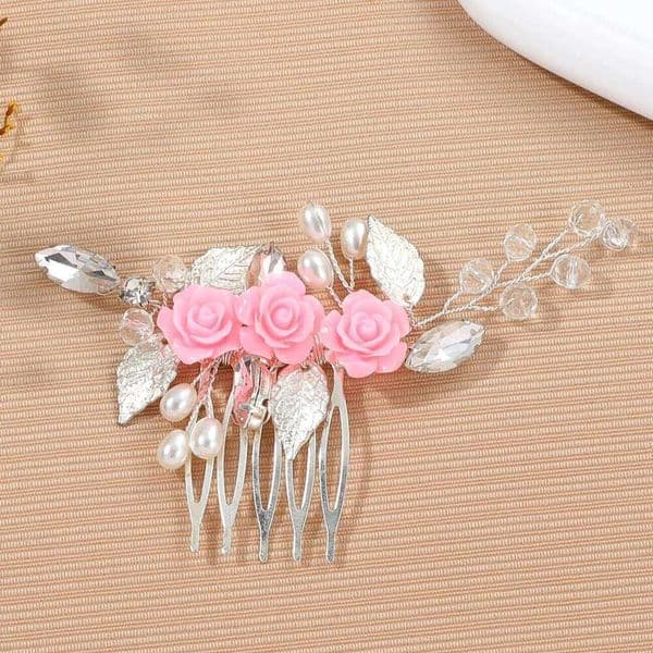 Bridal Crystal Combs Silver Color Alloy Leaf Pink Flower Design Sparkling Rhinestone Hairpins Bride Wedding Hair Jewelry