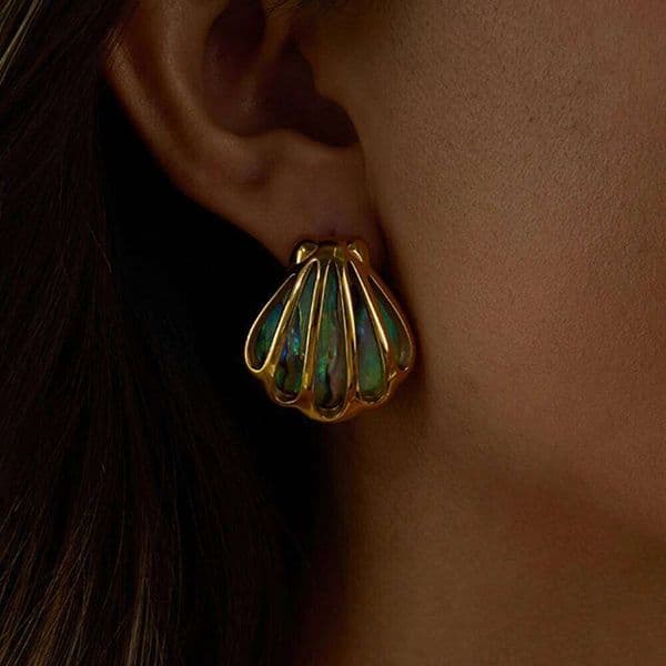 Uworld Holiday Ocean Colored Abalone 18K Gold Color Plated Stainless Steel Hollow Shell Earrings Women's Ac