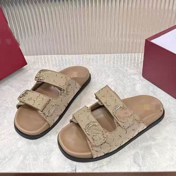 Luxury Designer Women Brown Canvas Beach Sandals Metal Buckle Comfort Flat Open Toe Sandal, Casual Summer Walking Shoes For Seaside Daily Outfit 6.6 04