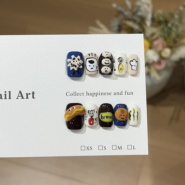 Cartoon Hand-Painted Food Character Press On Nails, Cookie Burger Cute Short Square Removable Manicure
