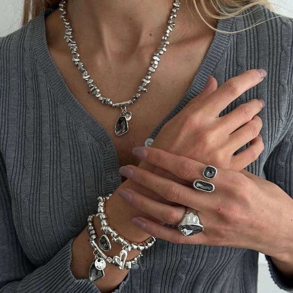 Ingemark 5Pcs/Set Creative Irregular Acrylic Pendant Necklace Bracelet Rings Women Retro Metal Adjustable Chain New Jewelry Set