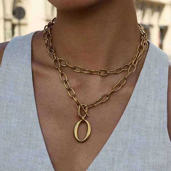Uworld Minimalist 18K Gold Color Plated Stainless Steel Coarse Cross Chain OT Buckle Oval Pendant Necklace Women's Jewe