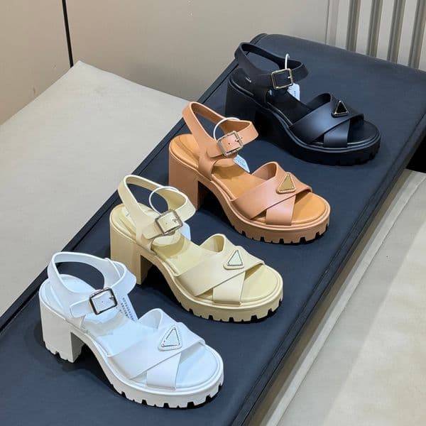 Womens Platform Sandals Chunky High Heel Slingback Shoes with Triangle Buckle Criss-cross Straps Summer Casual Elegant Party Footwear for Ladies