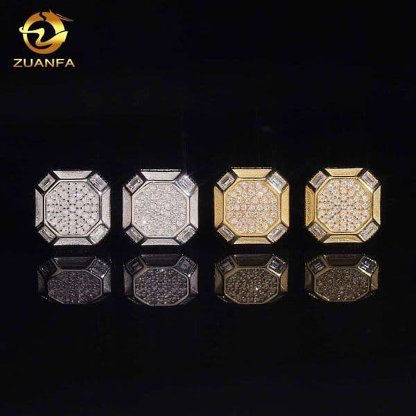 Hip-hop jewelry octagonal stud square diamond earrings, 925 silver ice crystal moissanite screw-back earrings