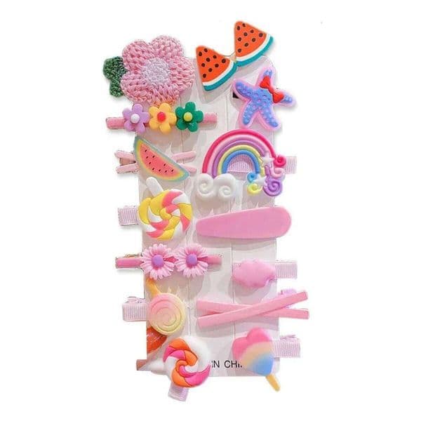 14pcs Random Creative Cute Sweet Flowers Fruits Rainbow Heart Pattern Clips Princess Decorative Hair Accessories Gifts