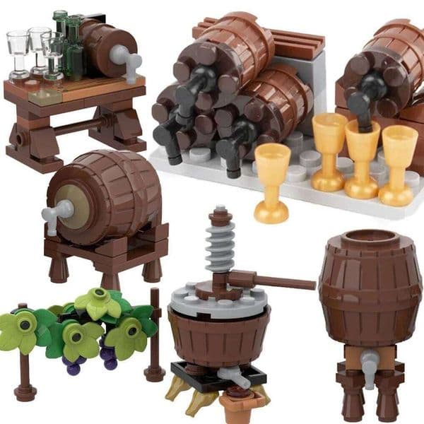 MOC Medieval Winepress Building Blocks Kit Cask Wine Cellar Grape Trellis Bricks Assemble Toys Kids Gift c b