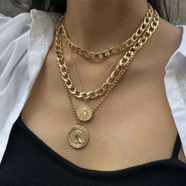 Women's Hip Hop Multilayer round Pendant Necklace Fashion Punk Gold Color Thick Chain Party Jewelry Accessory