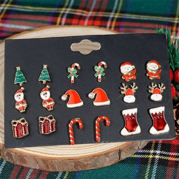 6/12 Pair Christmas Combination Earrings Set for Women Shiny Zircon Xmas Tree Snowflake Santa Claus Earring Girl Party Jewelry